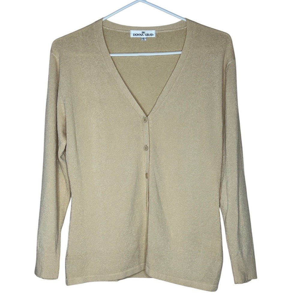 Donna Gray Women's Gold Metallic V-Neck Button Front Cardigan Sweater L Elegant
